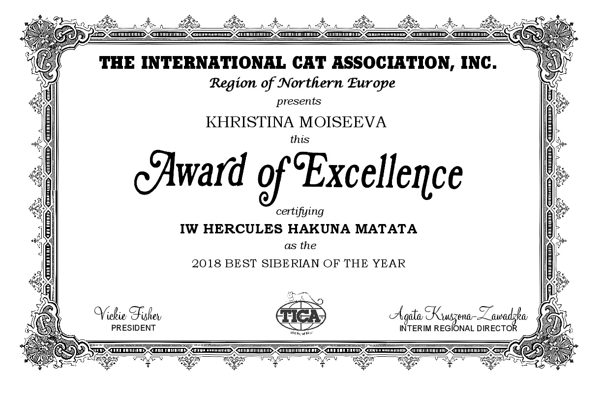sertificate Best siberian neva masquerade cat breeder TICA